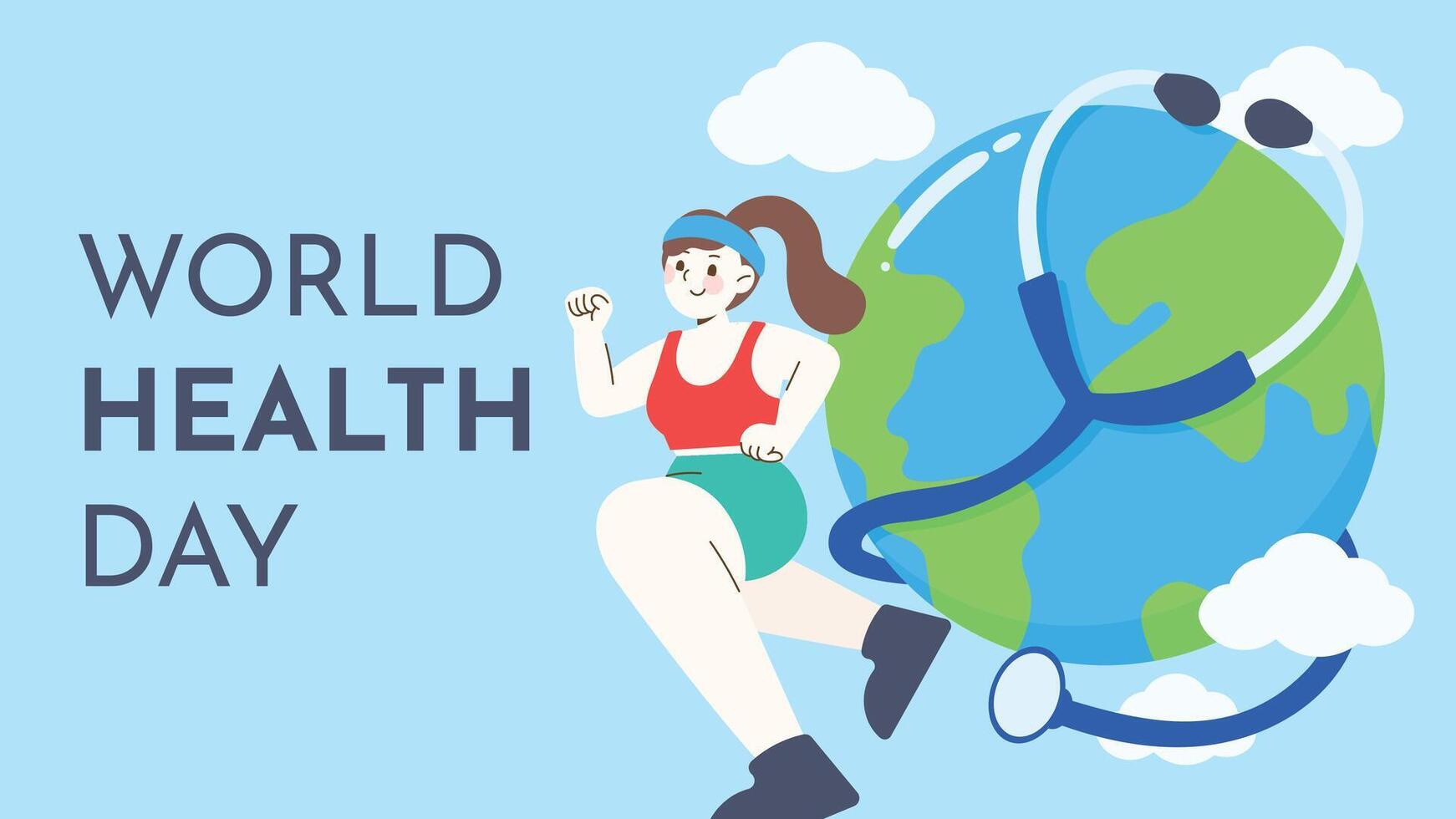 World health day concept, 7 April, background vector. Hand drawn comic doodle style of people working out, exercise, earth, stethoscope. Design for web, banner, campaign, social media post. vector