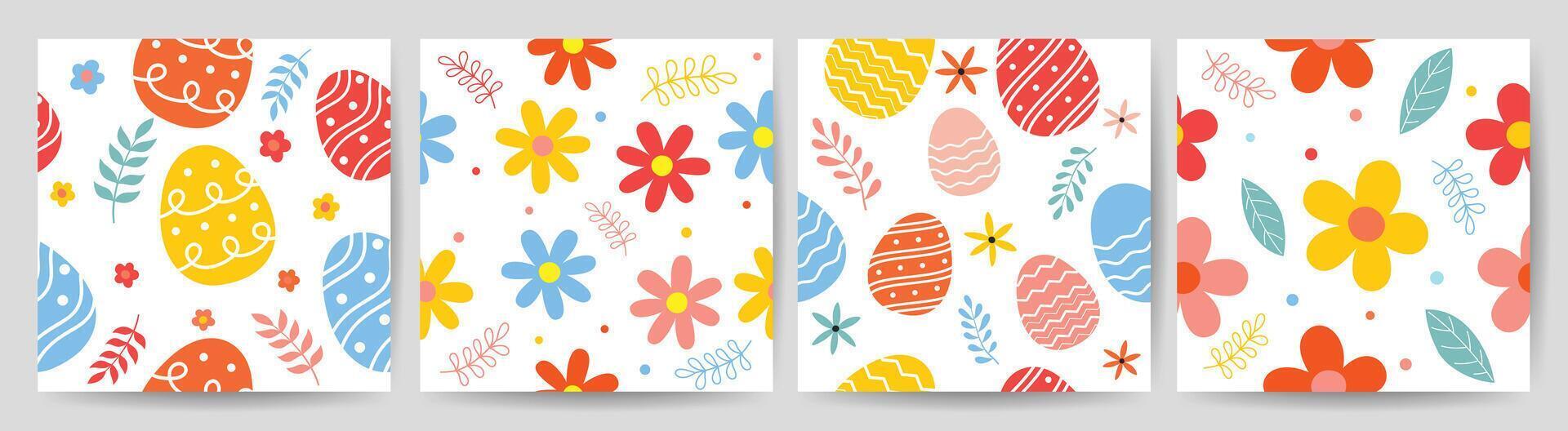 Happy Easter seamless pattern vector. Set of square cover design with easter egg, flower, foliage. Spring season repeated in fabric pattern for prints, wallpaper, cover, packaging, kids, ads. vector