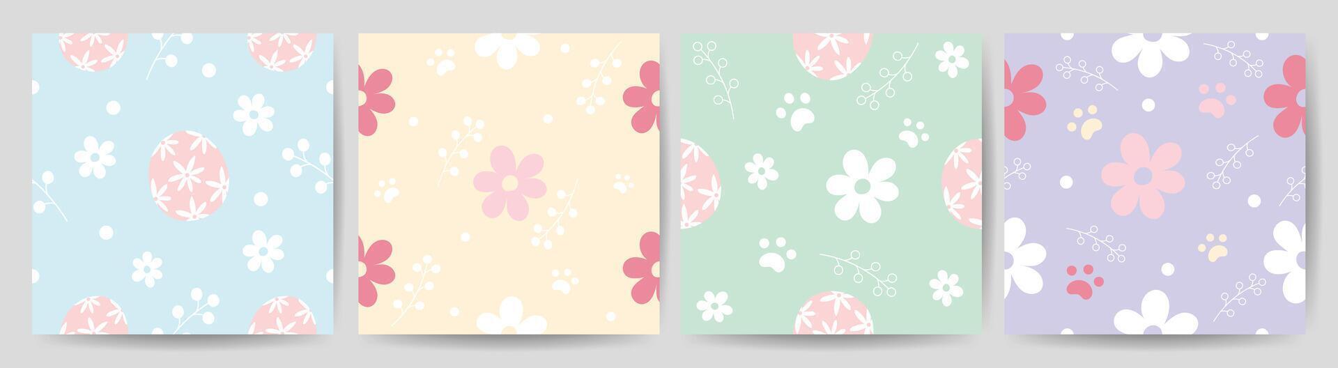 Happy Easter seamless pattern vector. Set of square cover design with easter egg, flower, foliage, paw. Spring season repeated in fabric pattern for prints, wallpaper, cover, packaging, kids, ads. vector