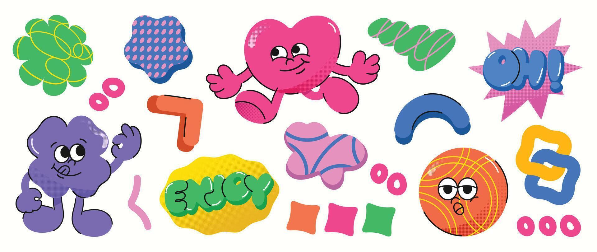 Set of funky groovy element vector. Collection of cartoon characters, doodle smile face, heart, flower, ball, halftone texture. Cute retro groovy hippie design for decorative, sticker, kids, clipart. vector