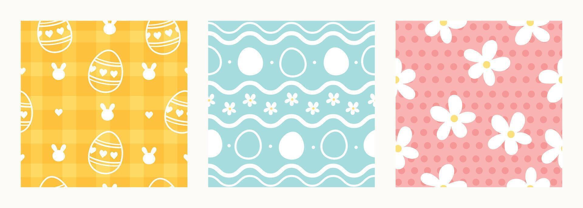 Happy Easter seamless pattern vector. Set of square cover design with easter egg, flower, rabbit. Spring season repeated in fabric pattern for prints, wallpaper, cover, packaging, kids, ads. vector