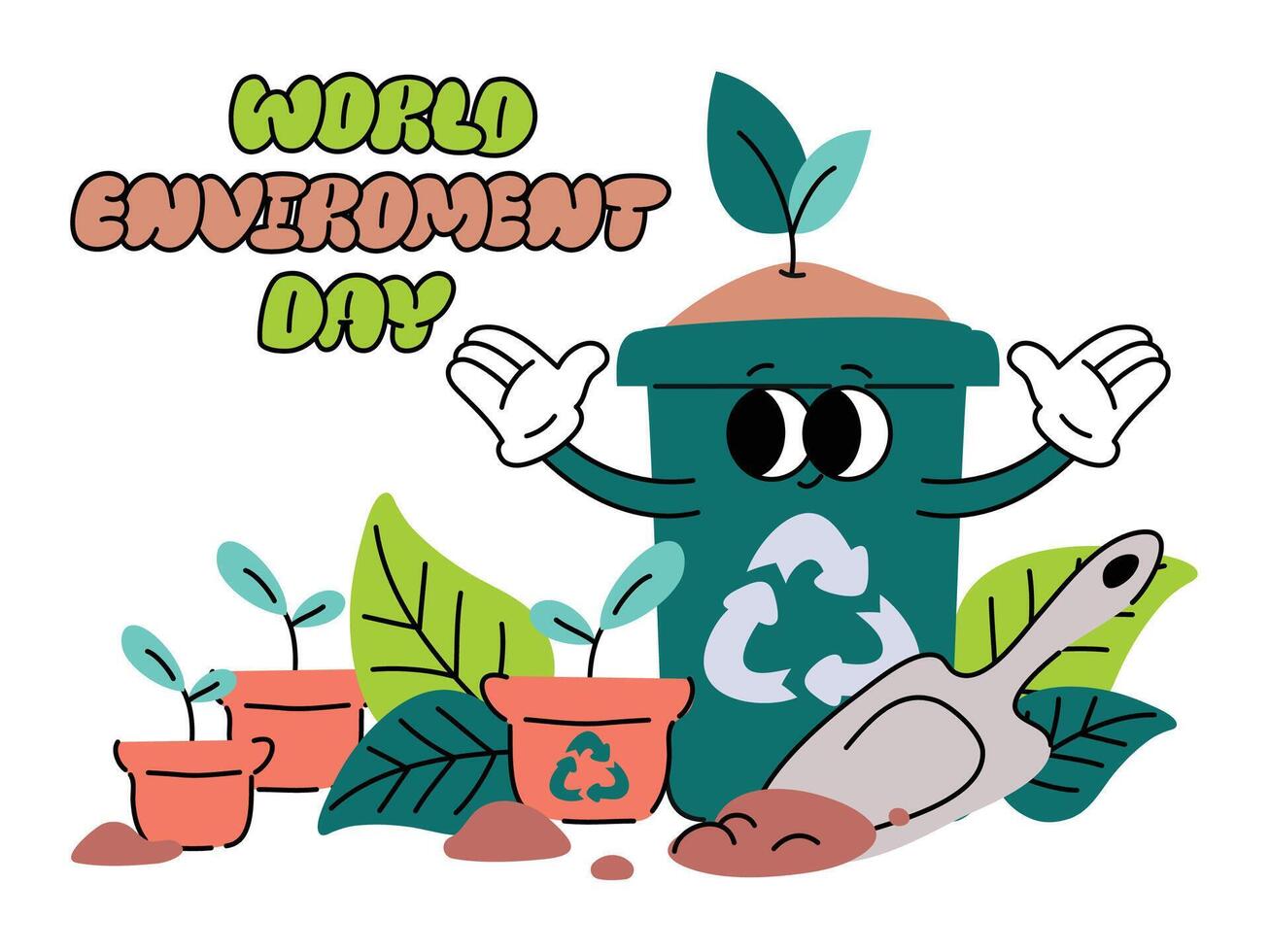 World Environment day concept background vector. Save the earth, recycle bin, plant groovy style. Eco friendly illustration design for web, banner, campaign, social media post. vector
