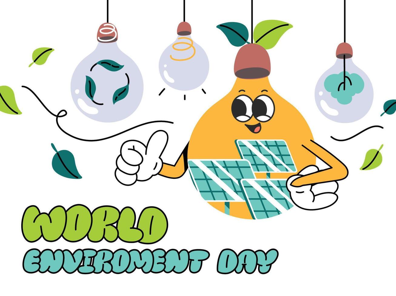 World Environment day concept background vector. Save the earth, plant, solar cell, lamp groovy style. Eco friendly illustration design for web, banner, campaign, social media post. vector