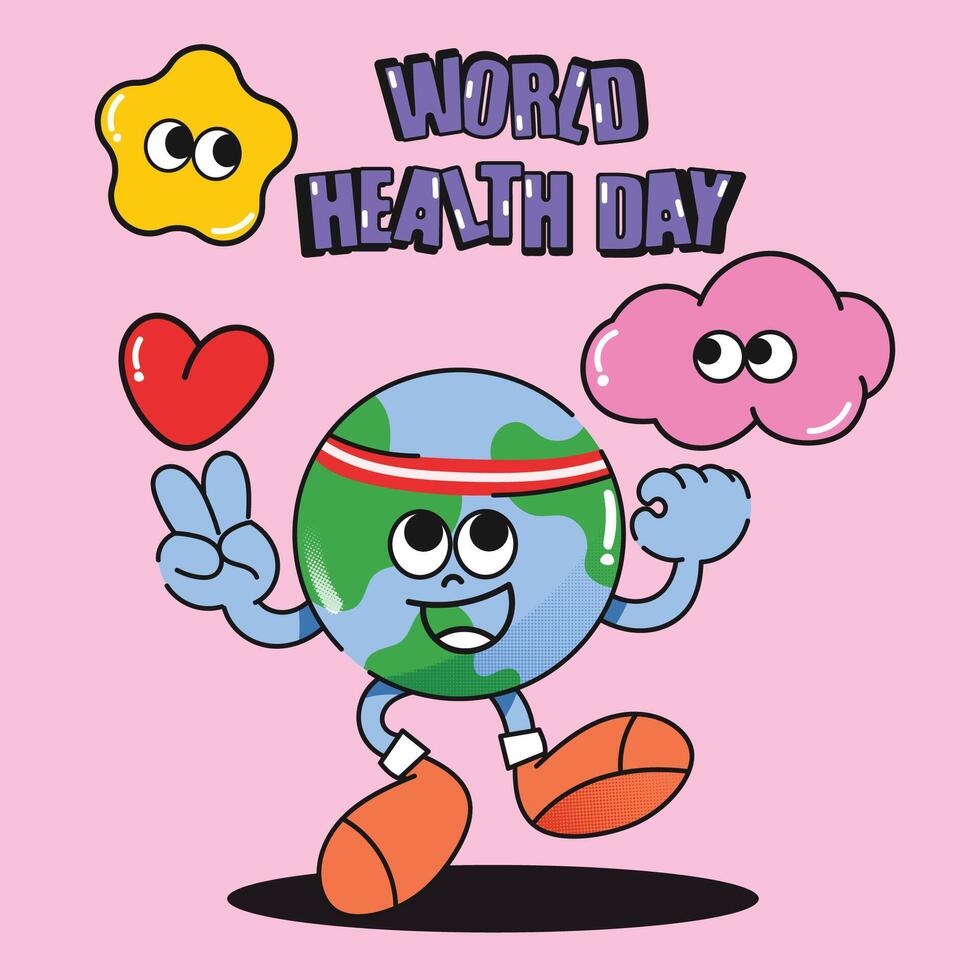 World health day concept, 7 April, background vector. Hand drawn groovy character style of earth working out, exercise, heart, cloud. Design for web, banner, campaign, social media post. vector