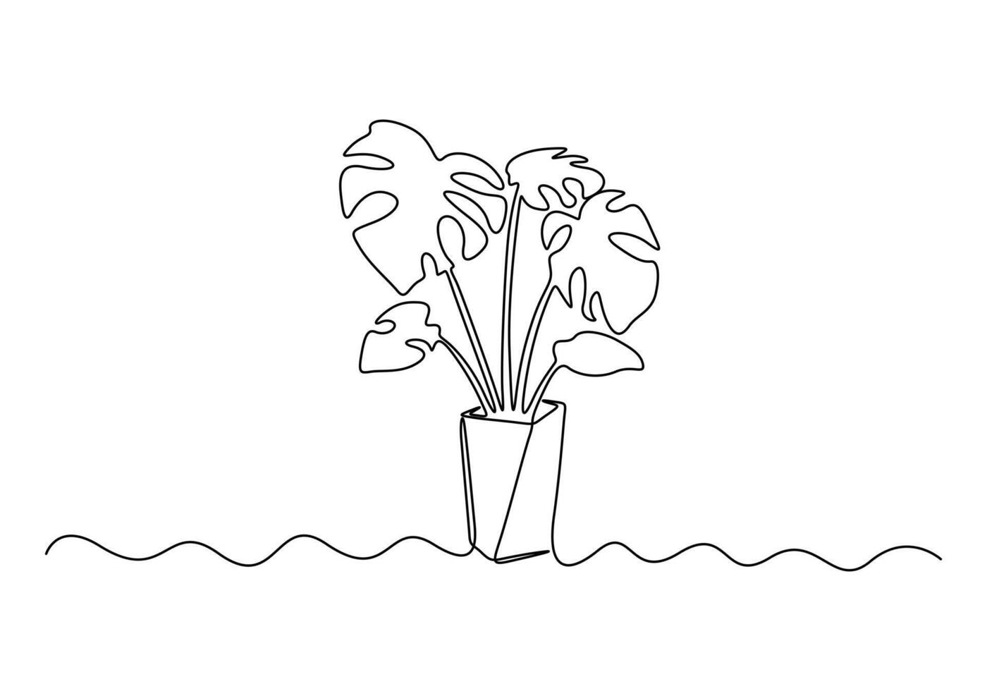 Continuous one line drawing of house plant. Isolated on white background vector illustration