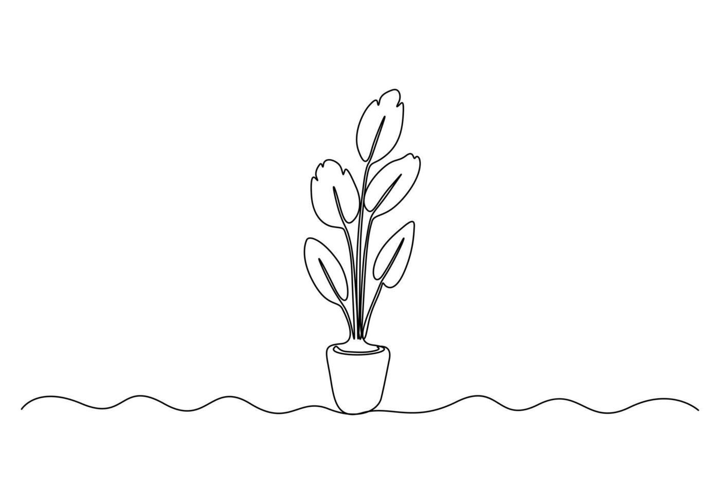 Continuous one line drawing of house plant. Isolated on white background vector illustration