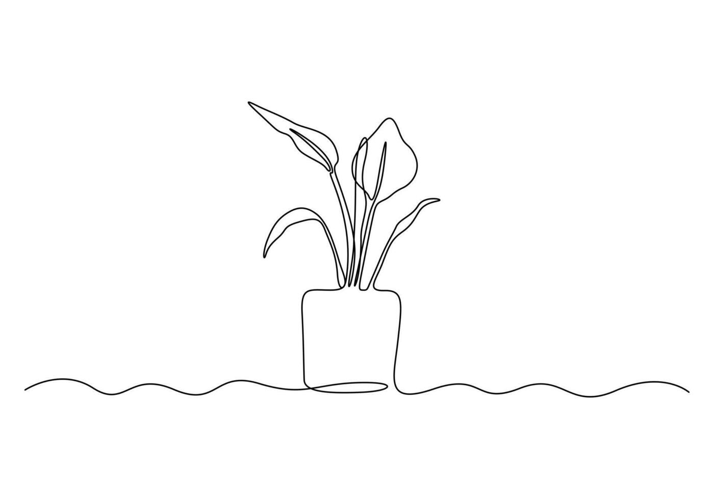 Continuous one line drawing of house plant. Isolated on white background vector illustration