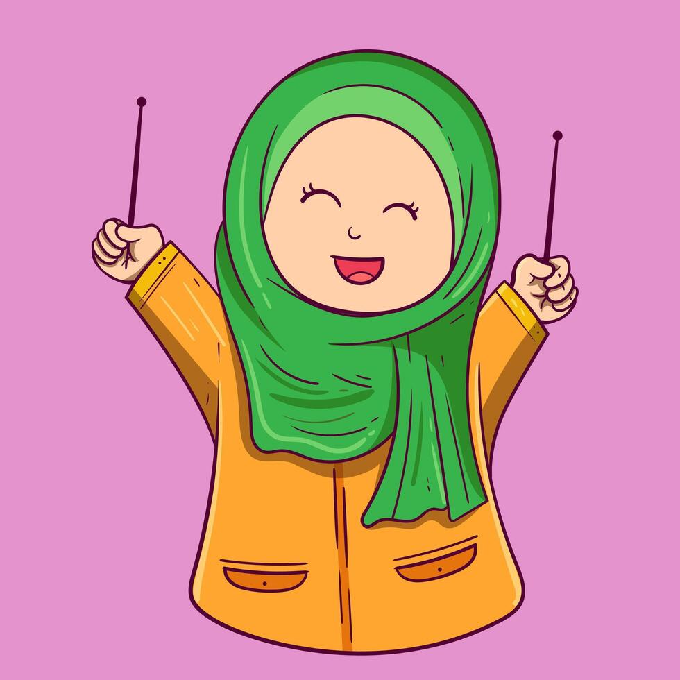 contento muslimah niño niña dibujos animados de Arábica musulmán celebrando eid ilustración vector