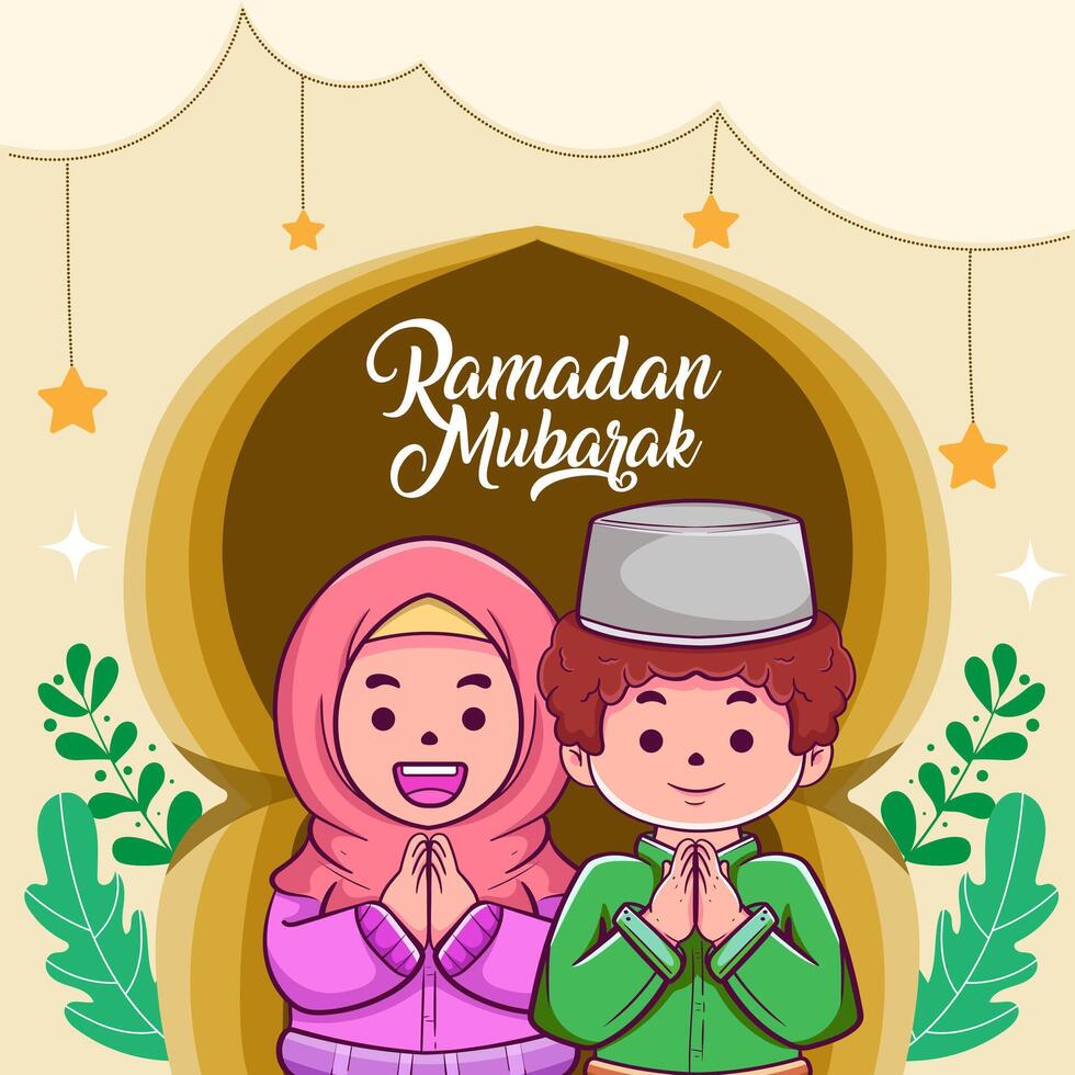 Pareja niños personaje saludo contento Ramadán y eid Mubarak celebracion vector ilustración. musulmán dibujos animados personaje en plano estilo.