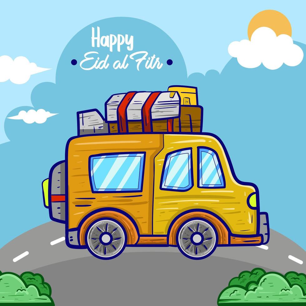 Happy Eid Al Fitr Background With Moslem Family Goes On Holiday Using A Car Vector