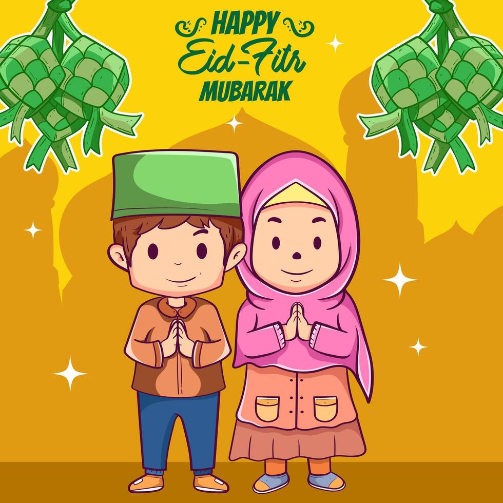 Muslim kids or people celebrating or wishing their festival eid fitr Mubarak greeting card banner vector