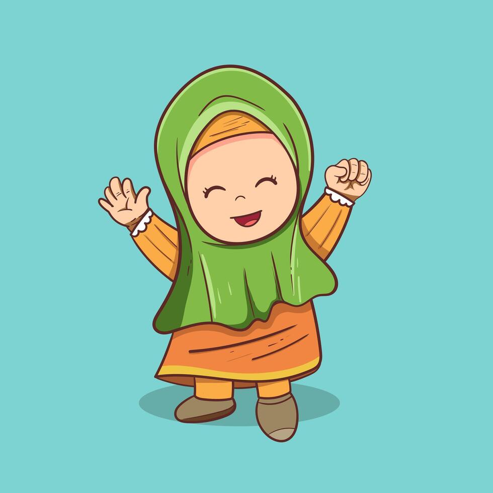 contento muslimah niño niña dibujos animados de Arábica musulmán celebrando eid ilustración vector