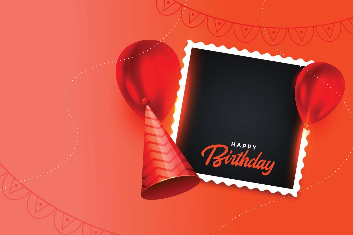 happy birthday celebration red theme card with photo frame and cap vector