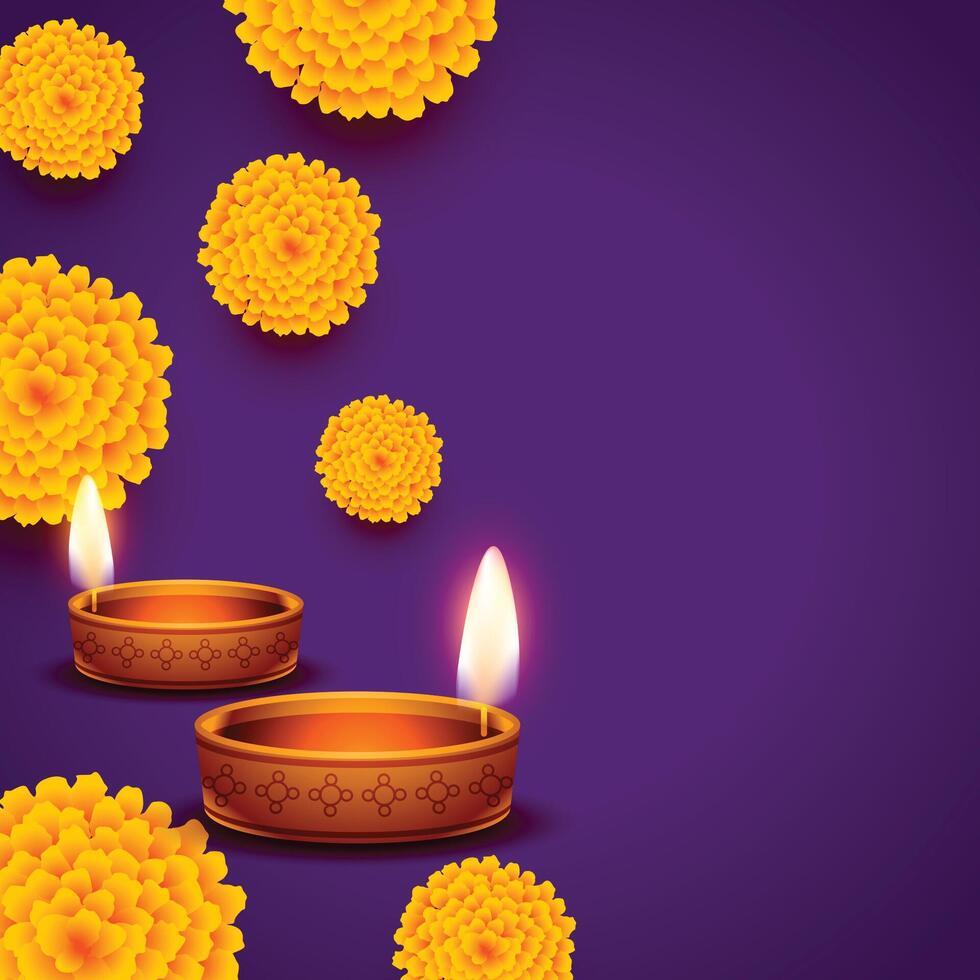 diwali greeting background in flat purple color with floral and diya design vector