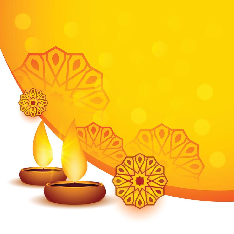 yellow color bokeh background design for diwali festival with beautiful diya vector
