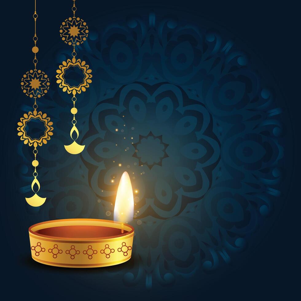 happy diwali poster with decorative lantern and diya on mandala stlye background vector