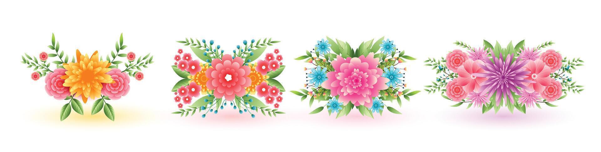 set of four decorative flowers beautiful design vector