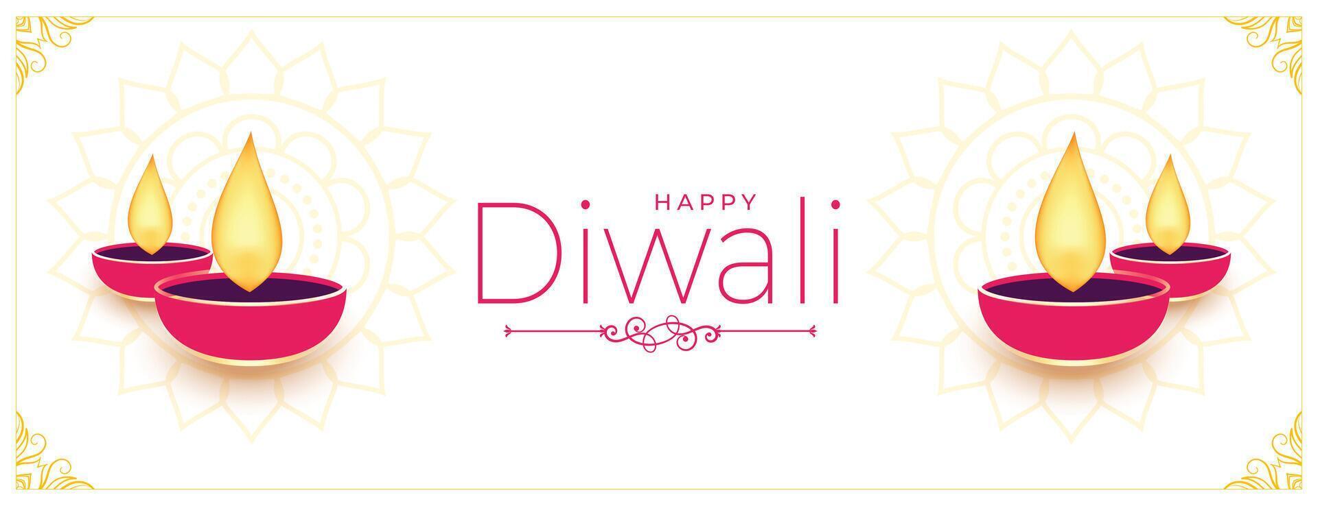 happy diwali white banner with flat diya design vector