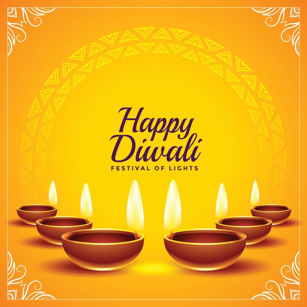 happy diwali yellow card with realistic diya vector