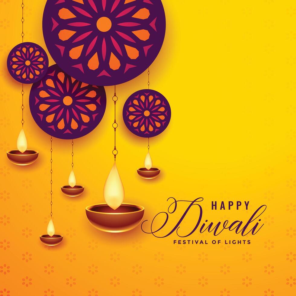 decorative happy diwali greeting card with hanging diya vector