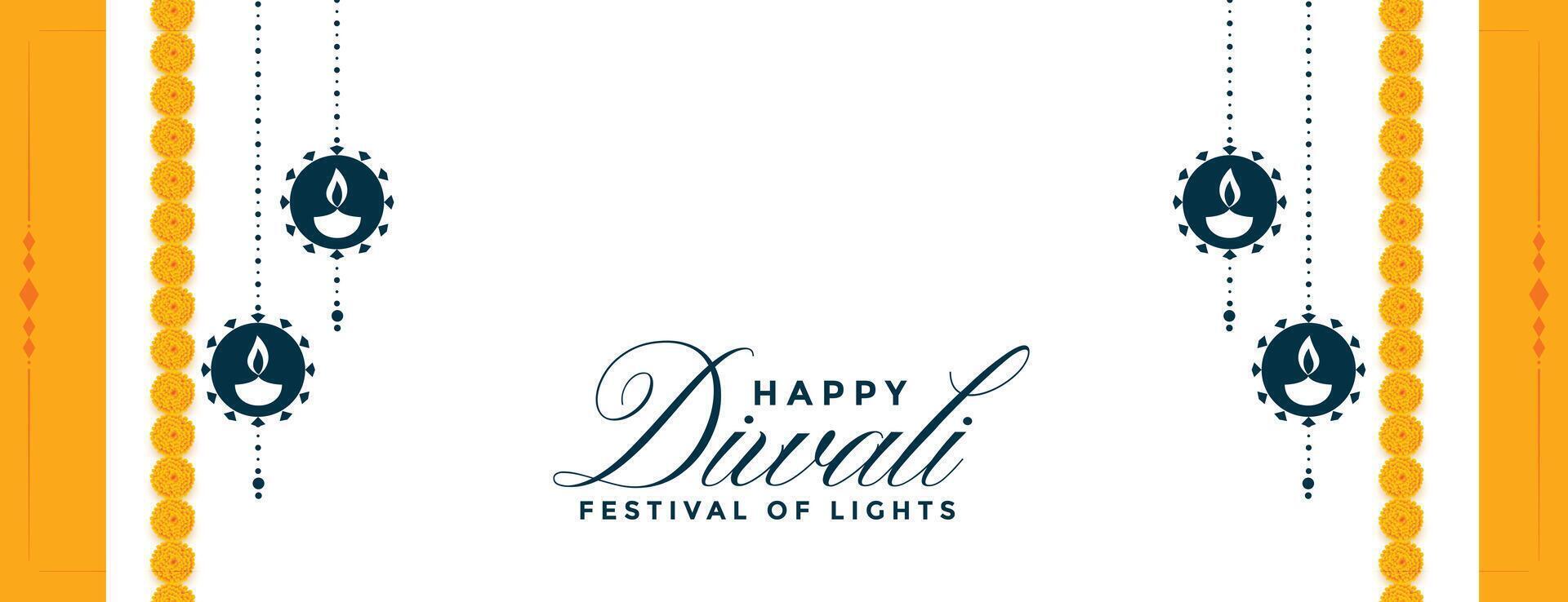 happy diwali hindu banner with flower and diya design vector