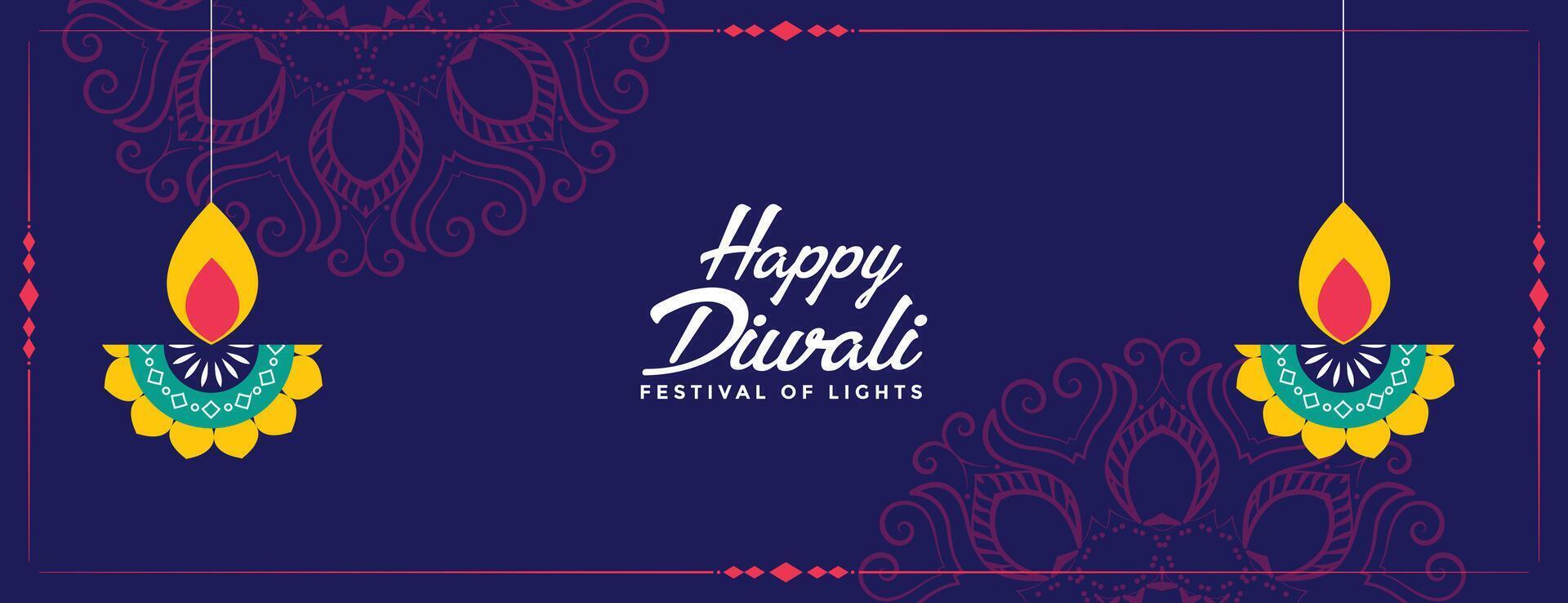 happy diwali festival decorative diya banner design vector