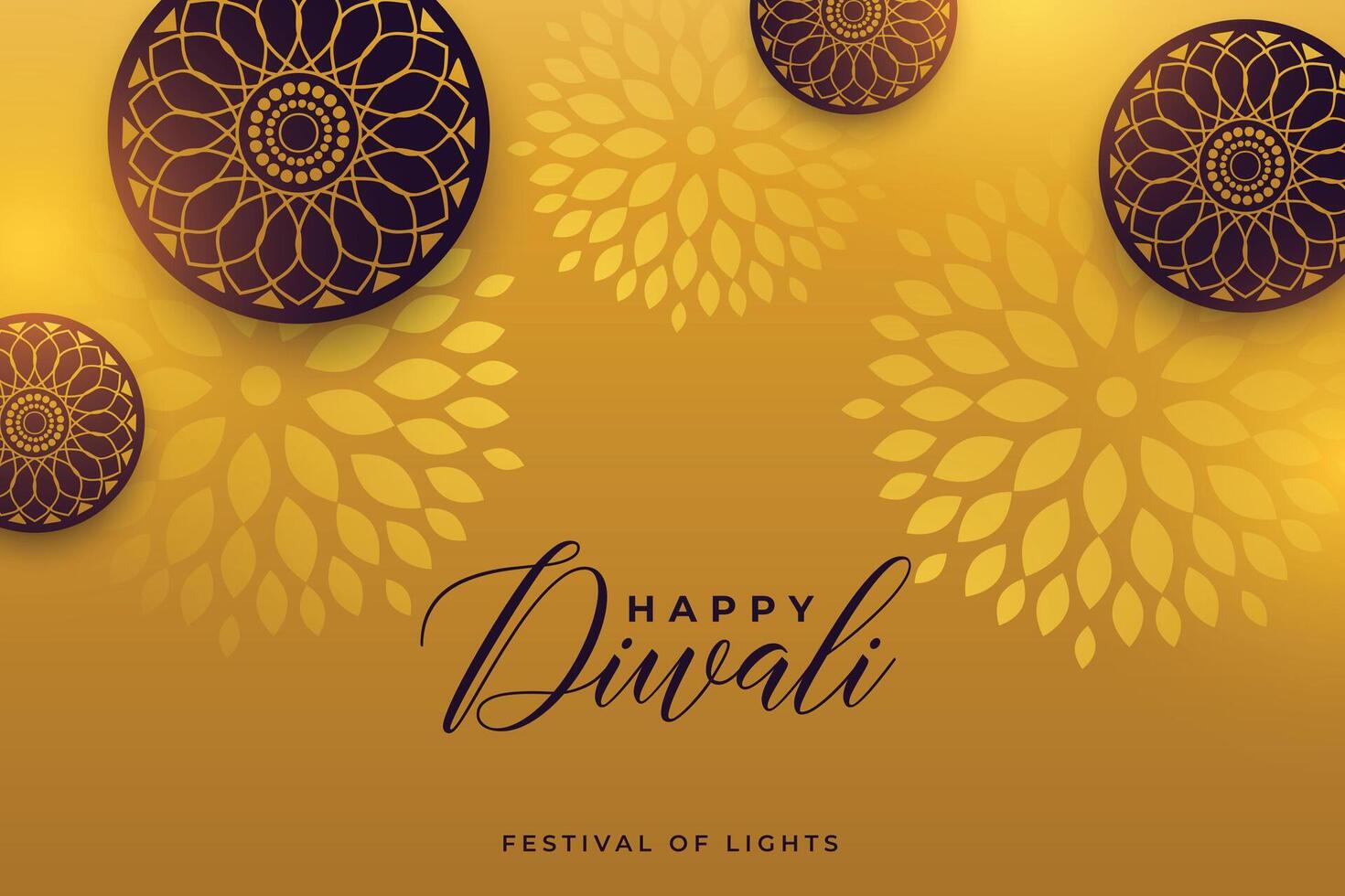 happy diwali invitation card in golden floral background vector