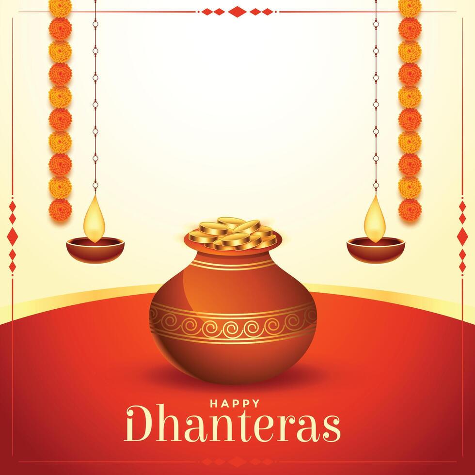 dorado monedas maceta contento Dhanteras festival tarjeta vector