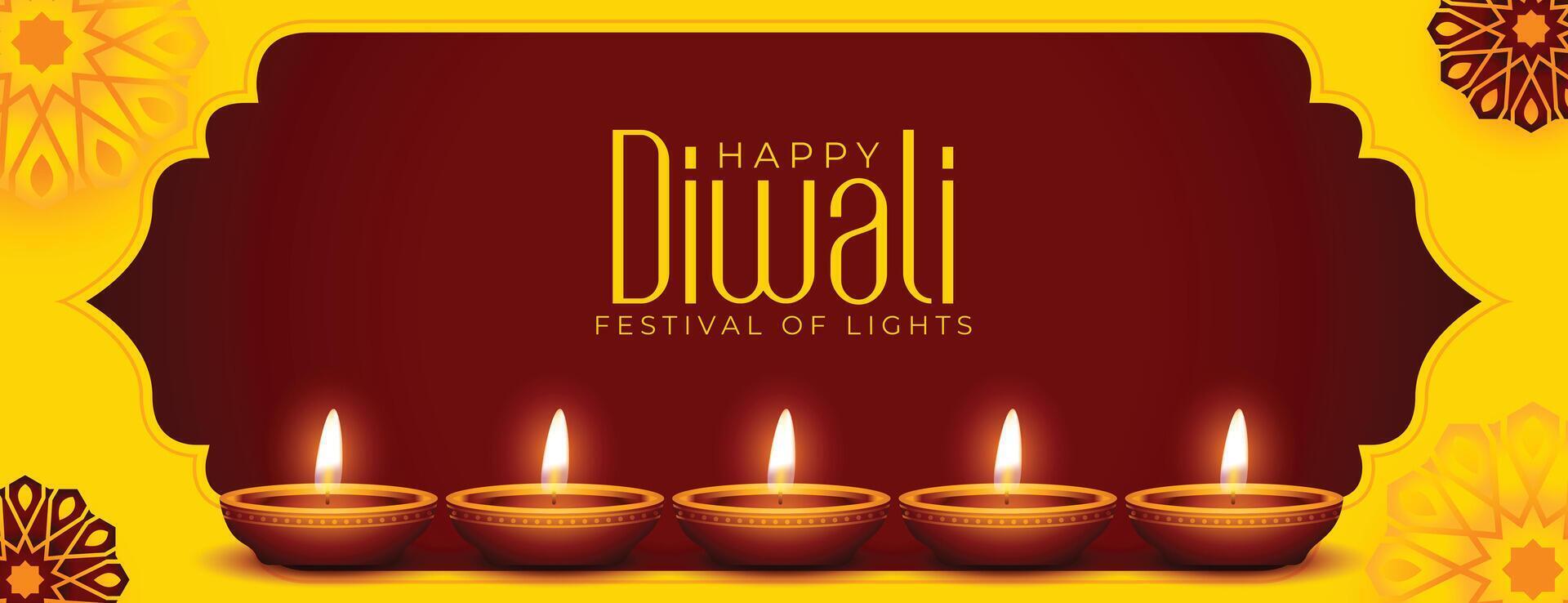 happy diwali banner with diya and floral background design vector