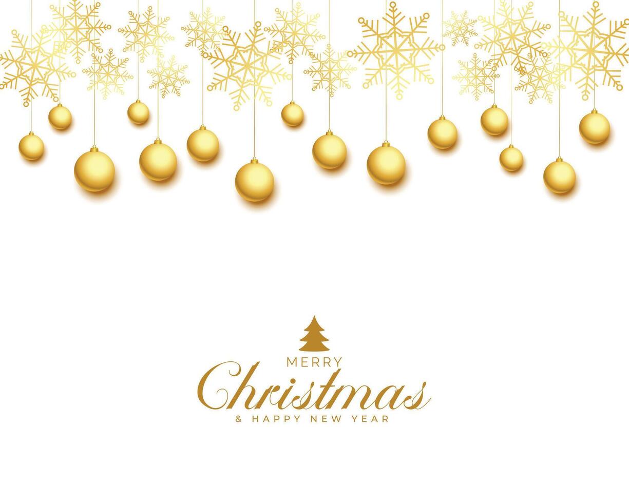 Navidad saludo tarjeta con dorado pelotas y copos de nieve vector
