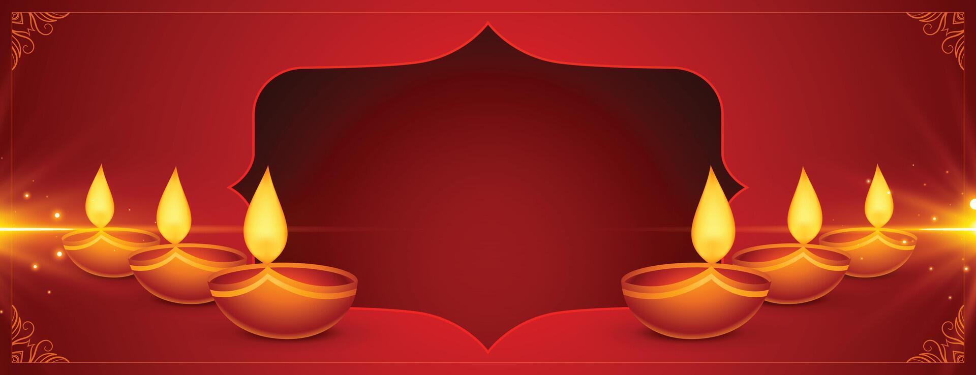 shiny happy diwali red banner with diya design vector