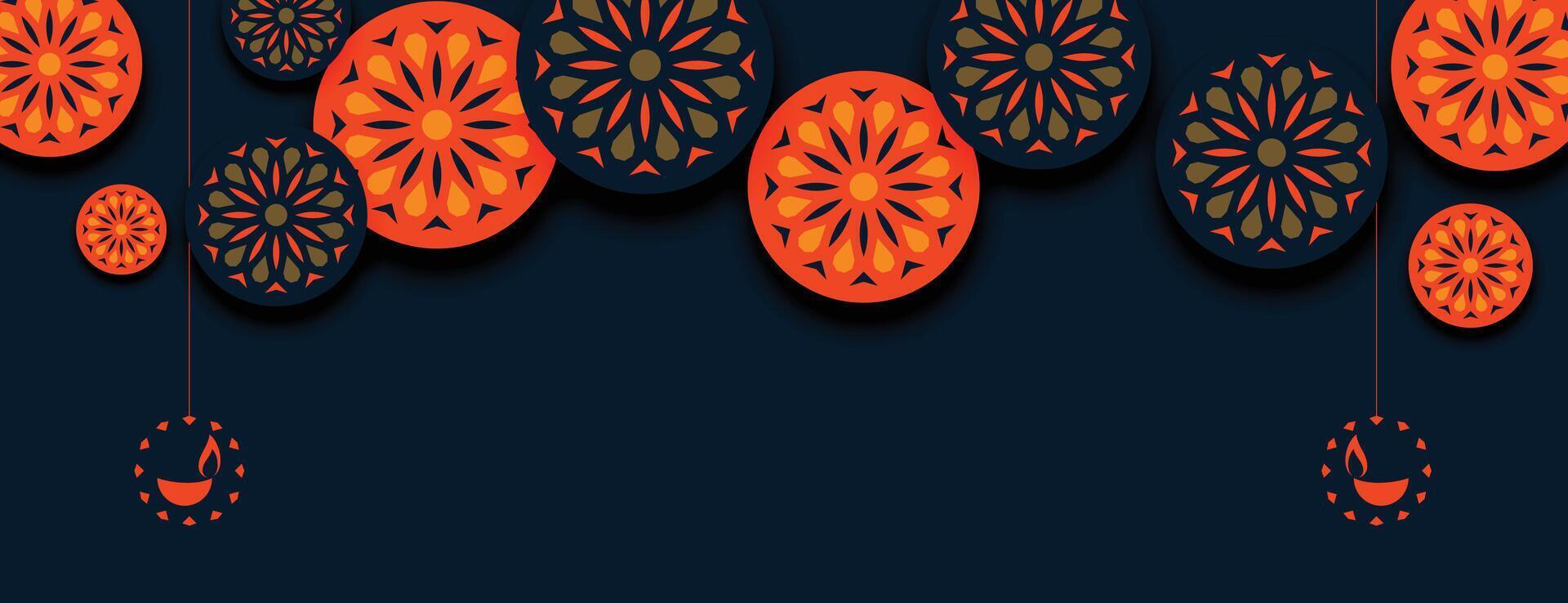contento diwali naranja indio estilo decorativo bandera diseño vector