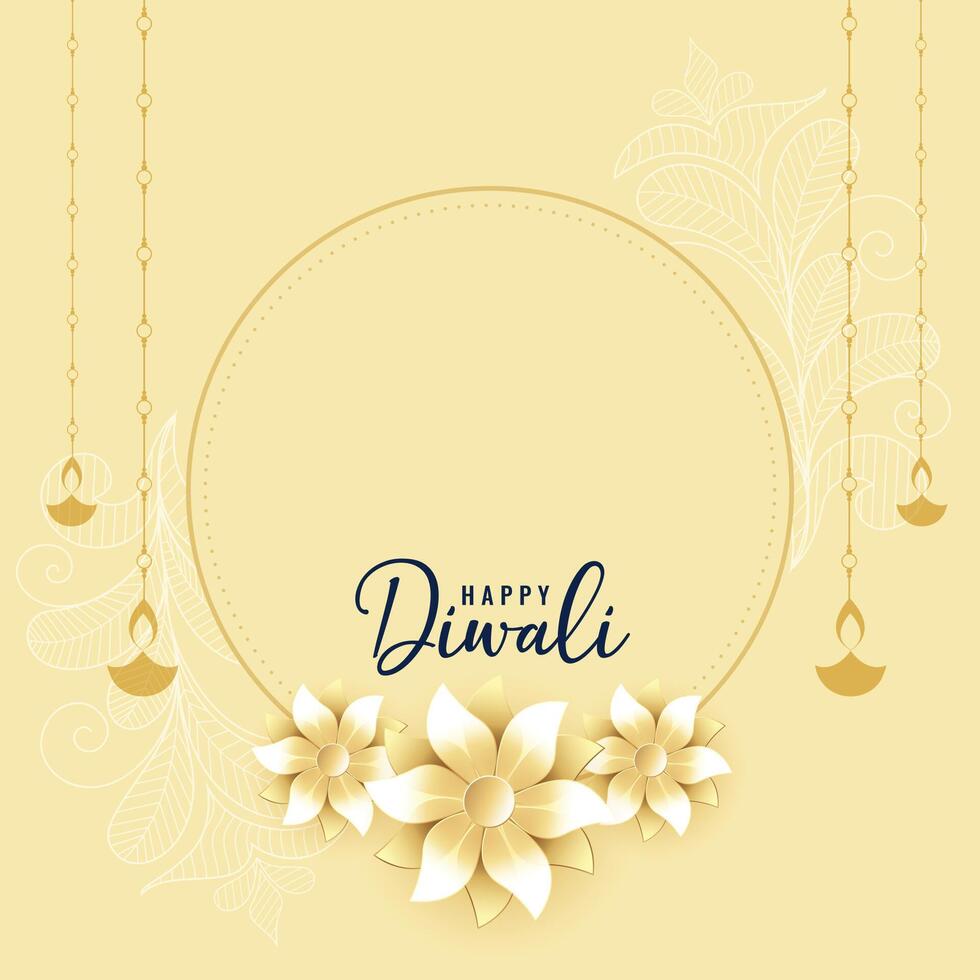 happy diwali wishes card with flower and diya vector