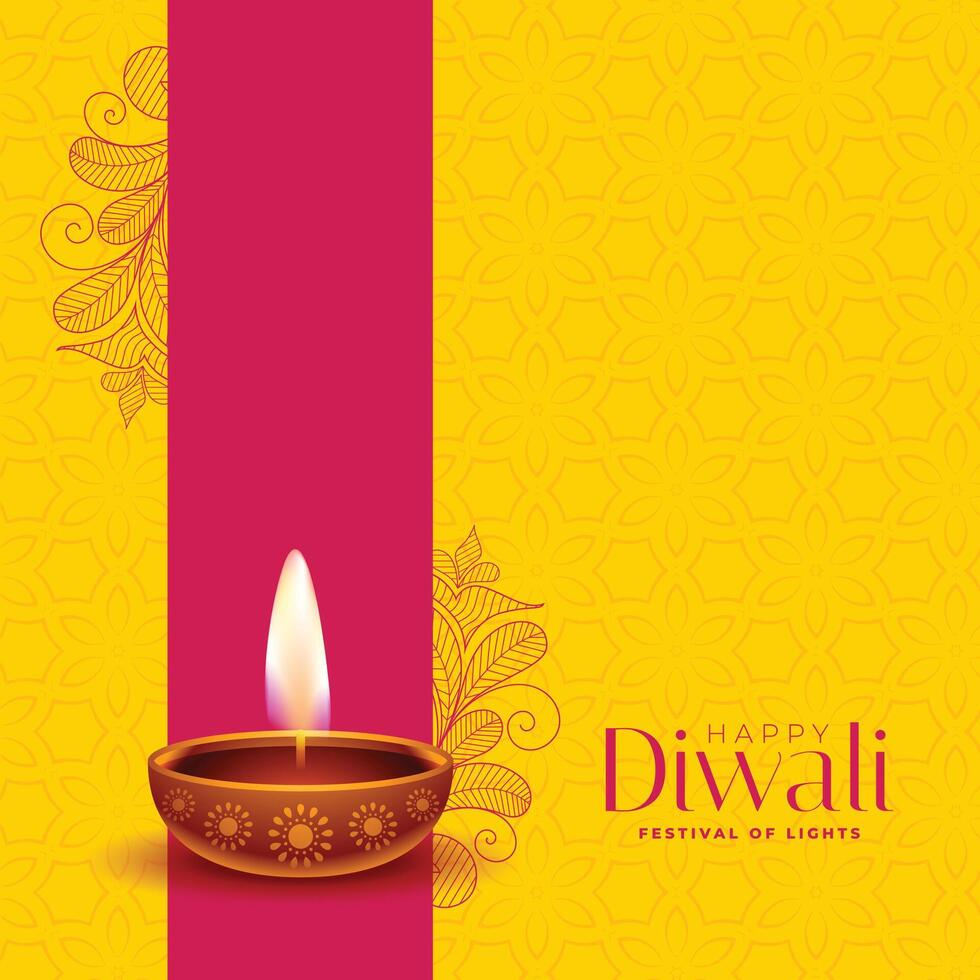 happy diwali yellow background with diya and florals vector