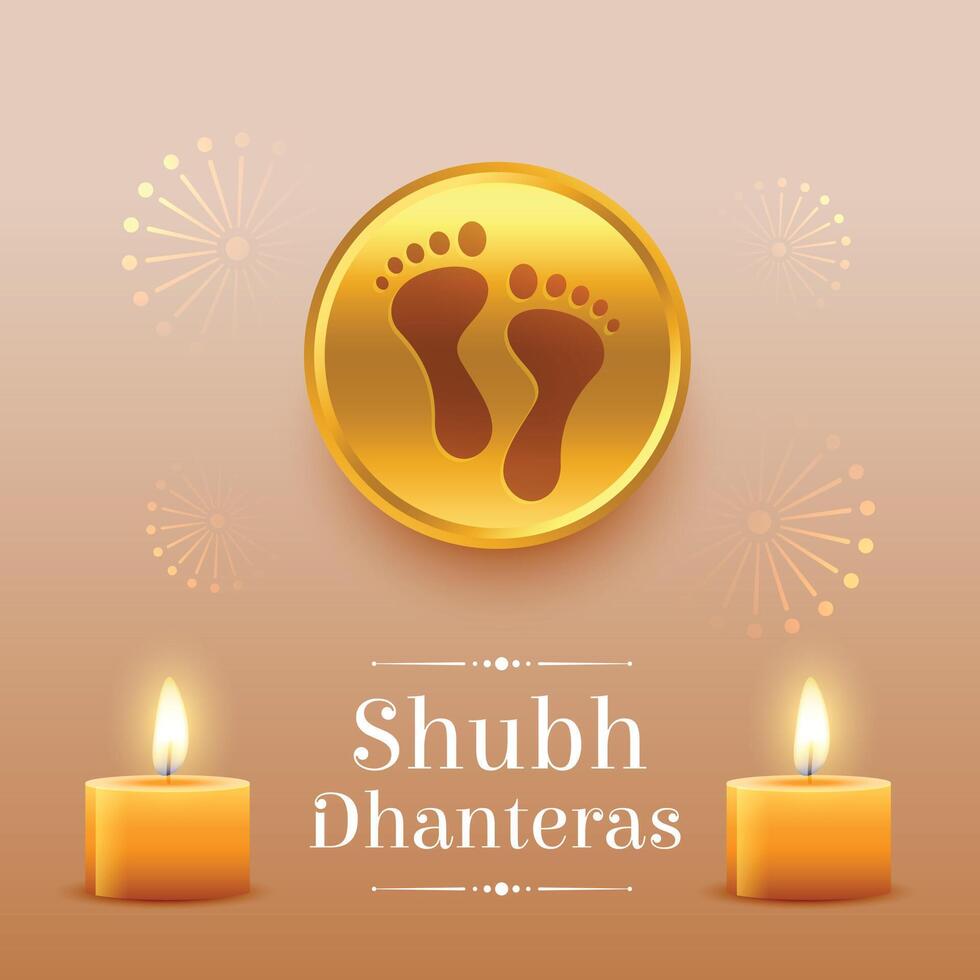 shubh Dhanteras saludo tarjeta con diosa pie impresión en dorado moneda vector