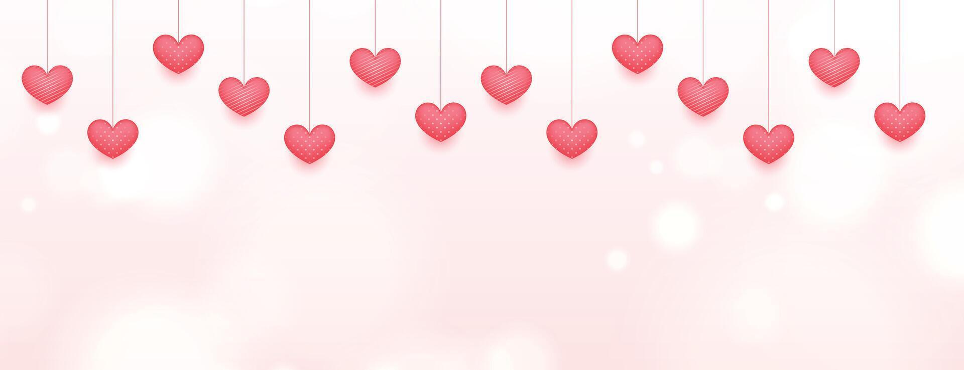 hanging love hearts on pink bokeh banner design vector
