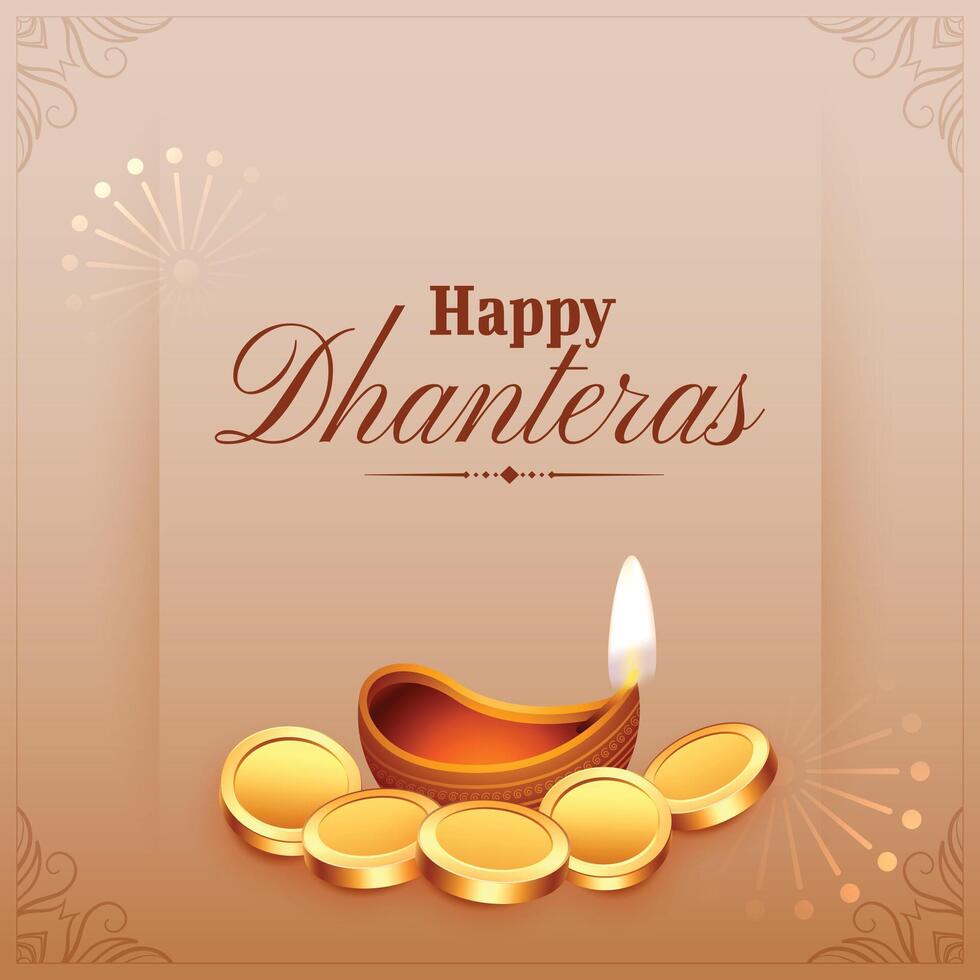 bright happy dhanteras festival background with oil diya and golden coin vector