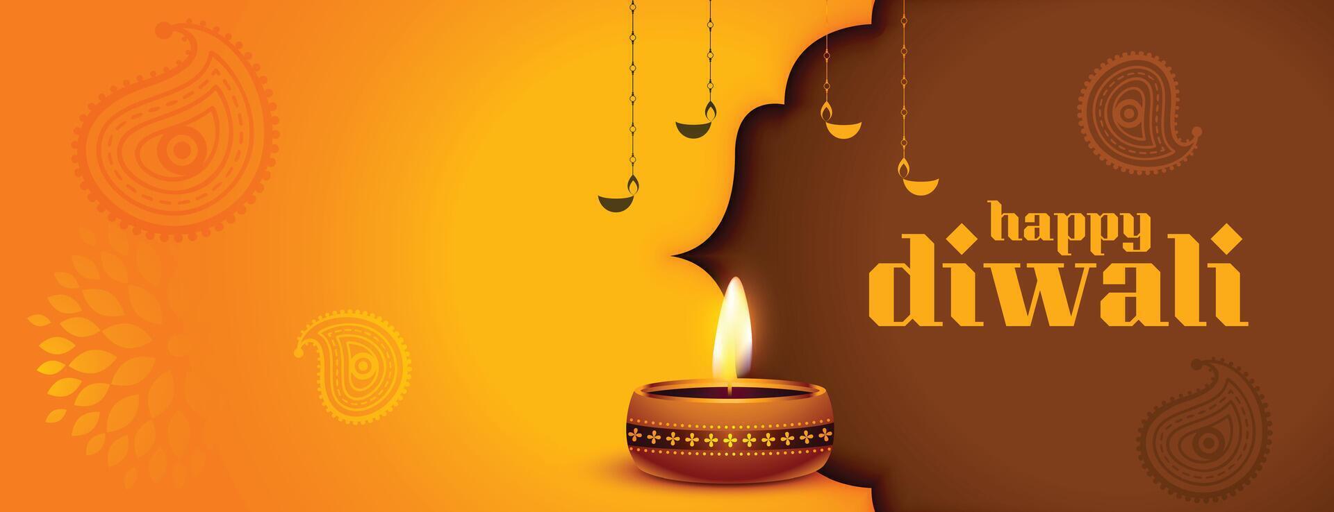 happy diwali occasion banner with text space and diya design vector