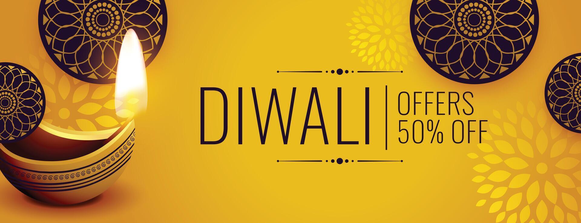 contento diwali festival rebaja bandera con realista diya diseño vector