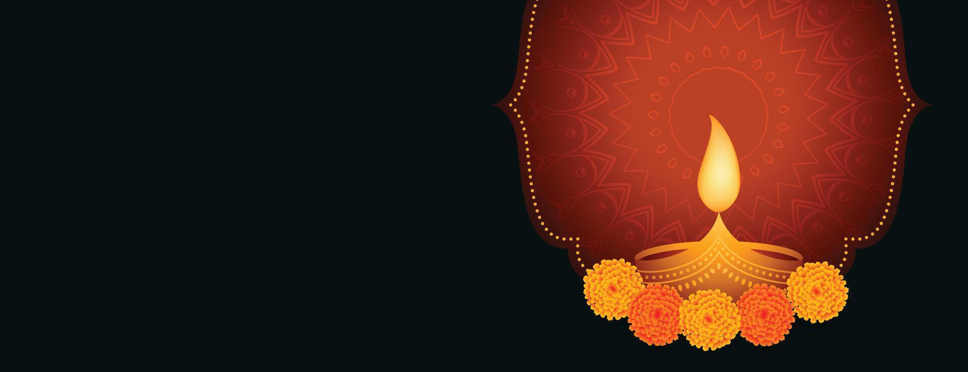 happy diwali festival banner with diya and flower vector