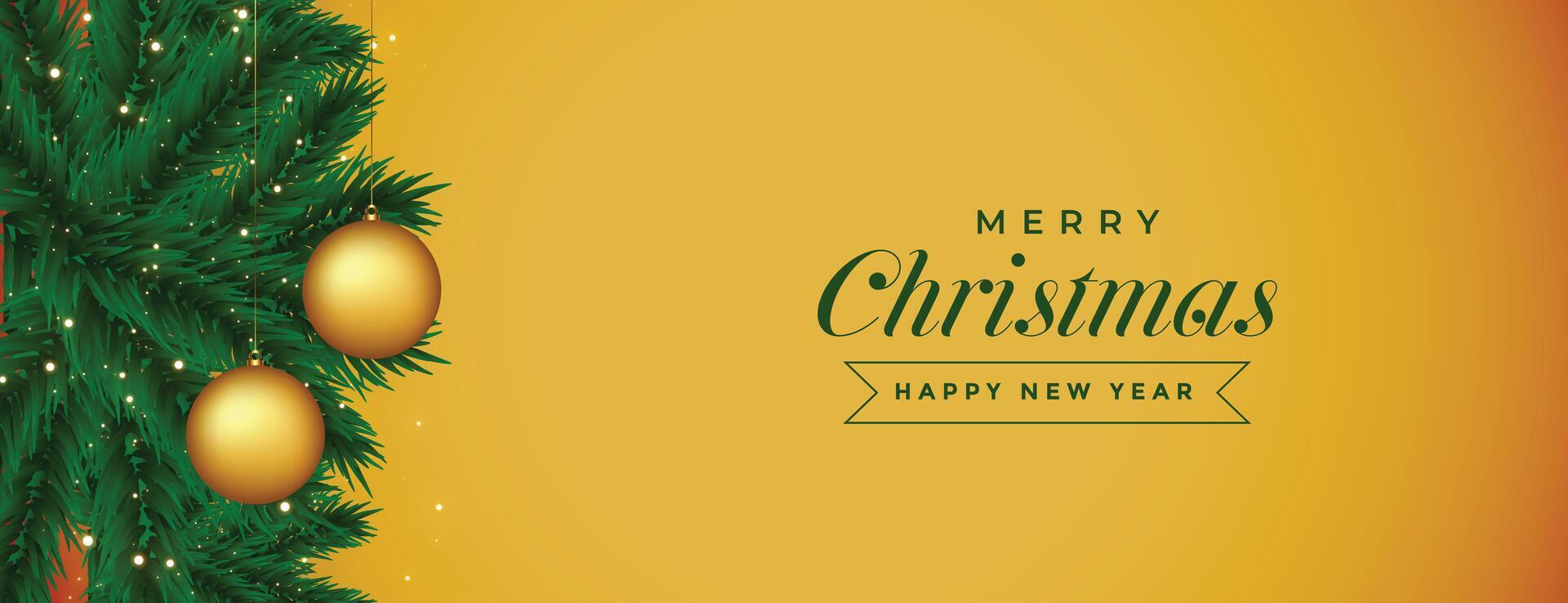 merry christmas gold banner with balls and leaves decoration vector