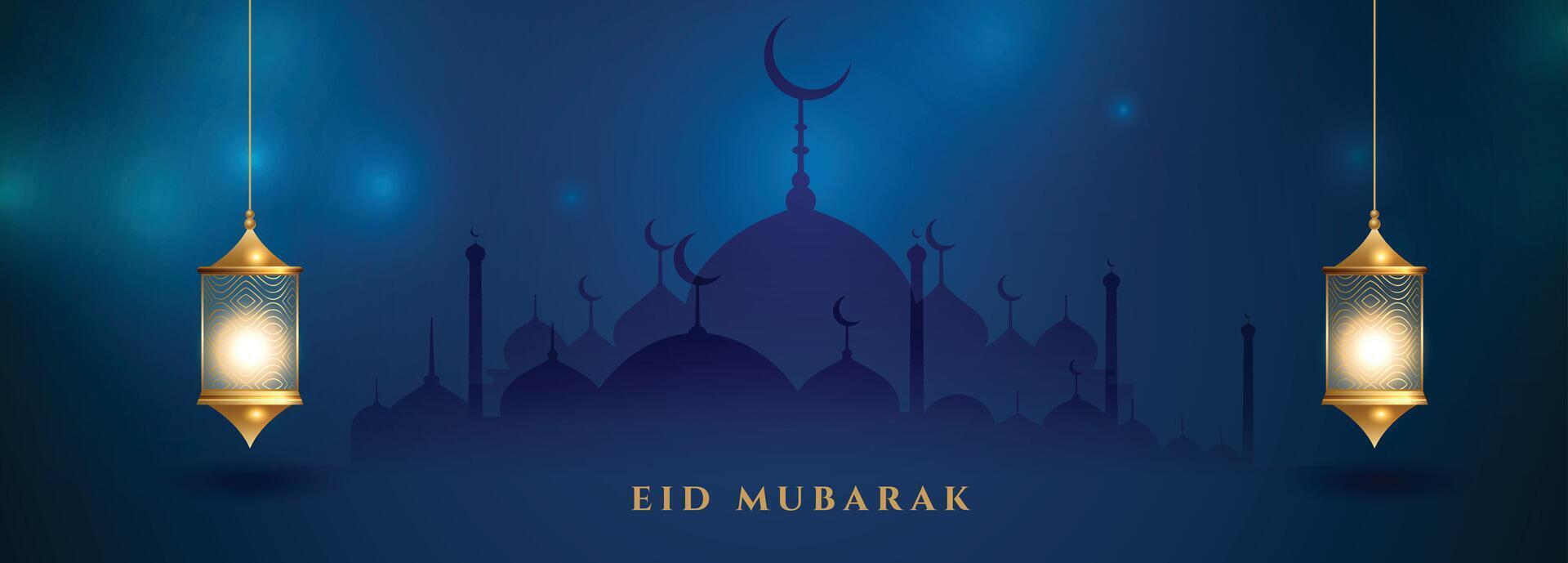 islamic eid mubarak festival blue banner design vector