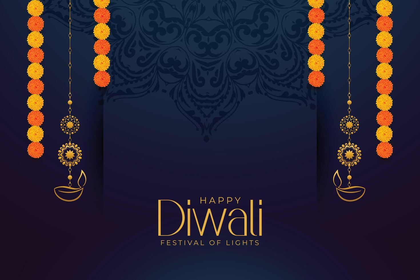 premium shubh diwali greeting card with lantern and flowers design vector