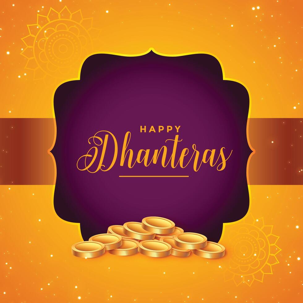 encantador Dhanteras festival tarjeta con dorado monedas vector