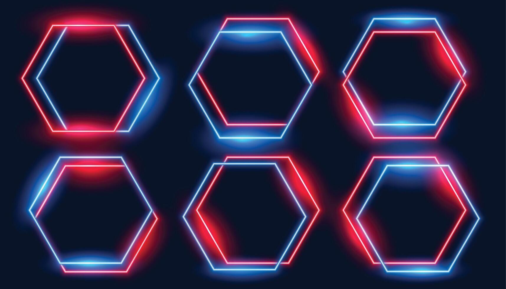neon hexagonal frames set in blue and red colors vector