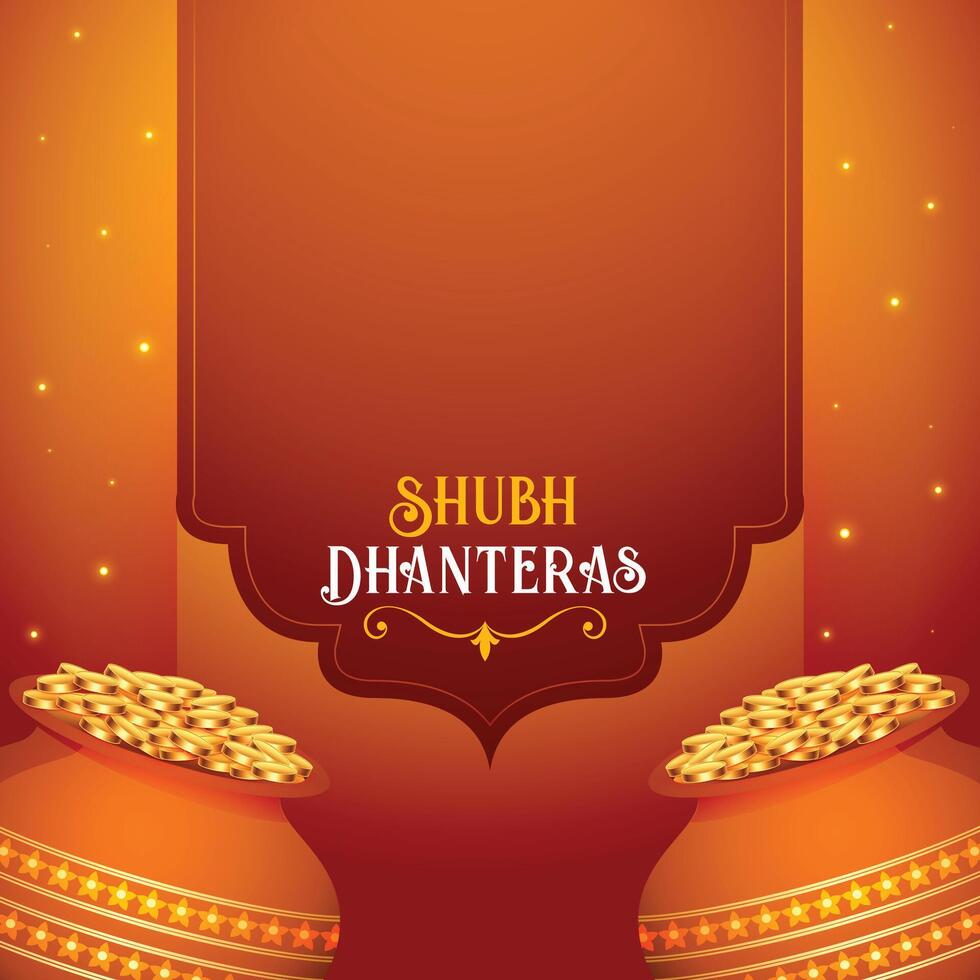 shubh Dhanteras saludo antecedentes con dorado moneda en kalasha vector