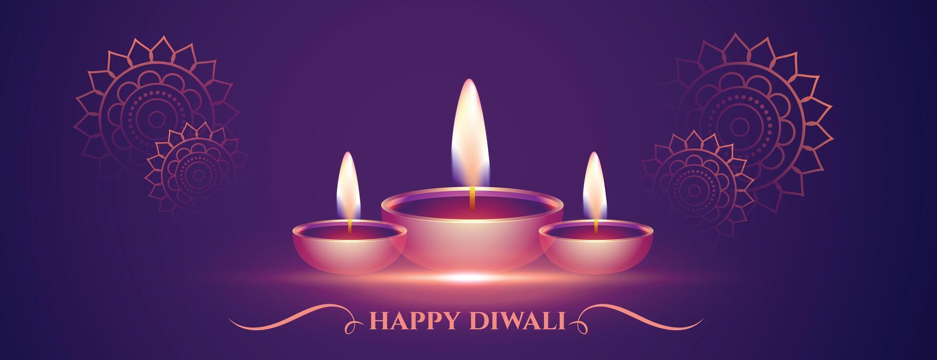 decorative happy diwali purple banner with diya design vector