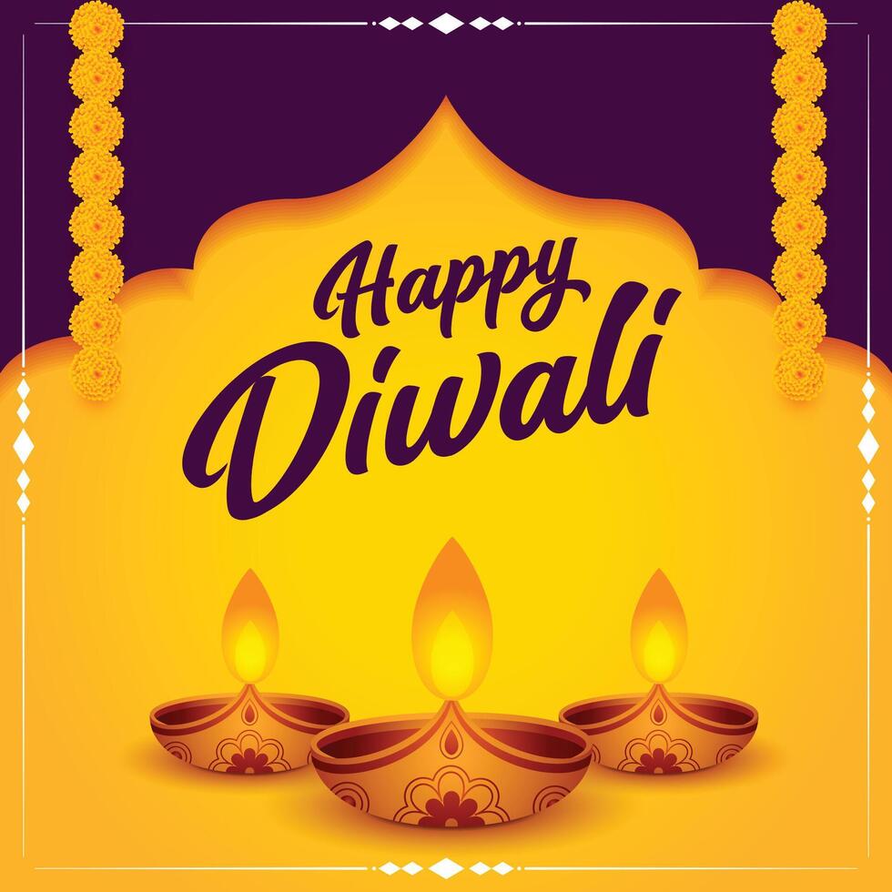 happy diwali banner with diya and floral decoration on yellow background vector illustration