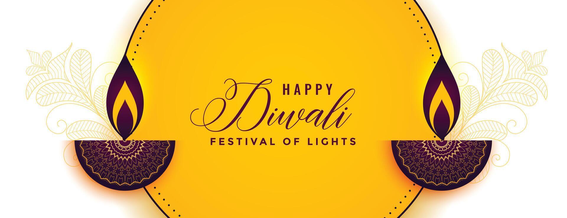 happy diwali decorative diya design yellow banner vector