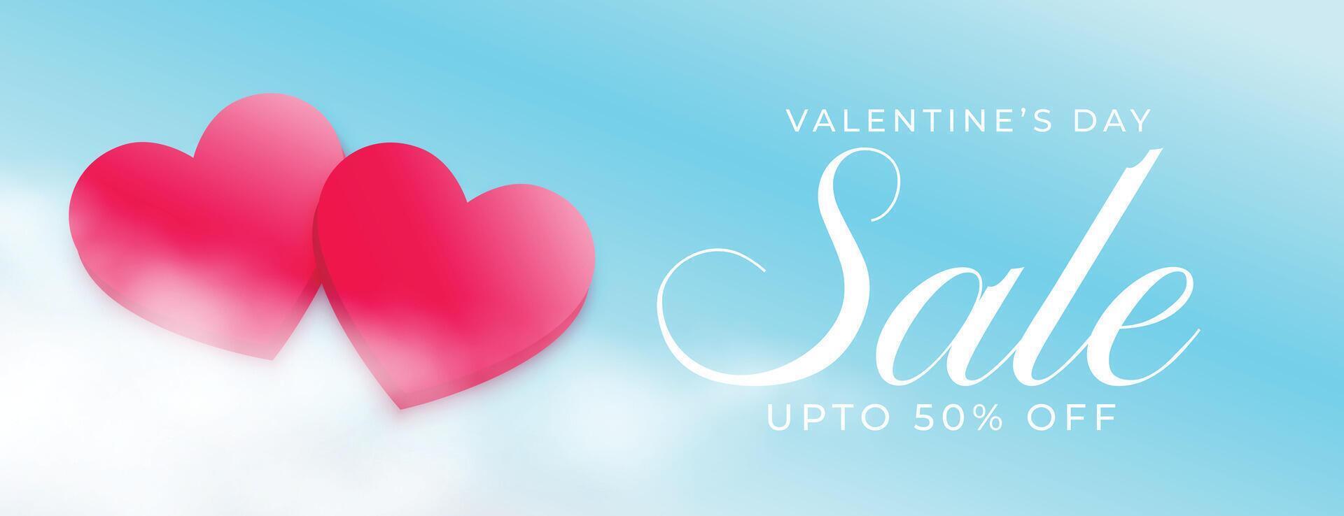 valentines day sale banner with two hearts on the realistic clouds sky background vector